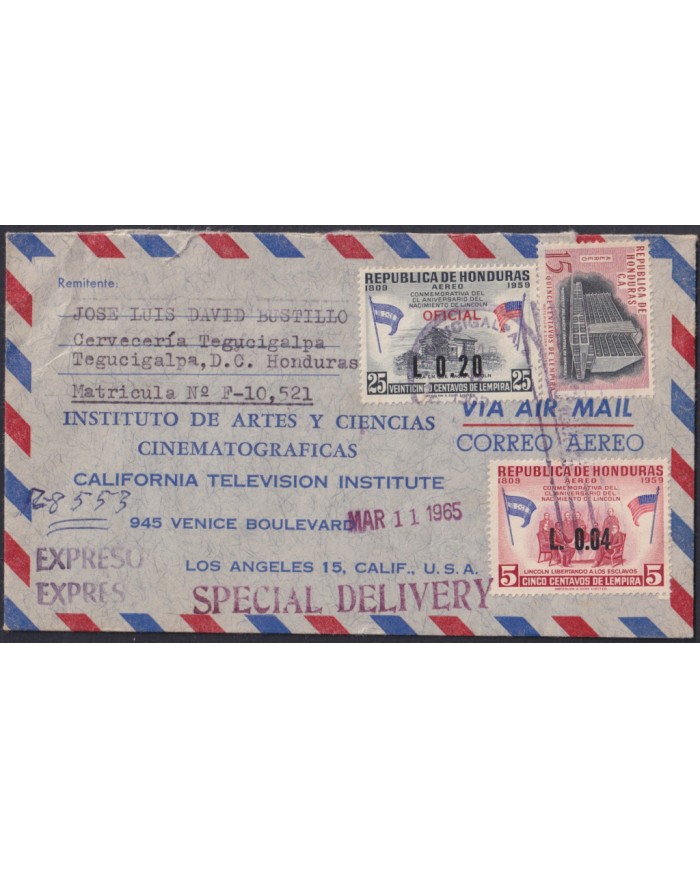 F-EX48628 HONDURAS 1965 EXPRESS OFFICIAL REGISTERED AIR MAIL COVER TO USA.