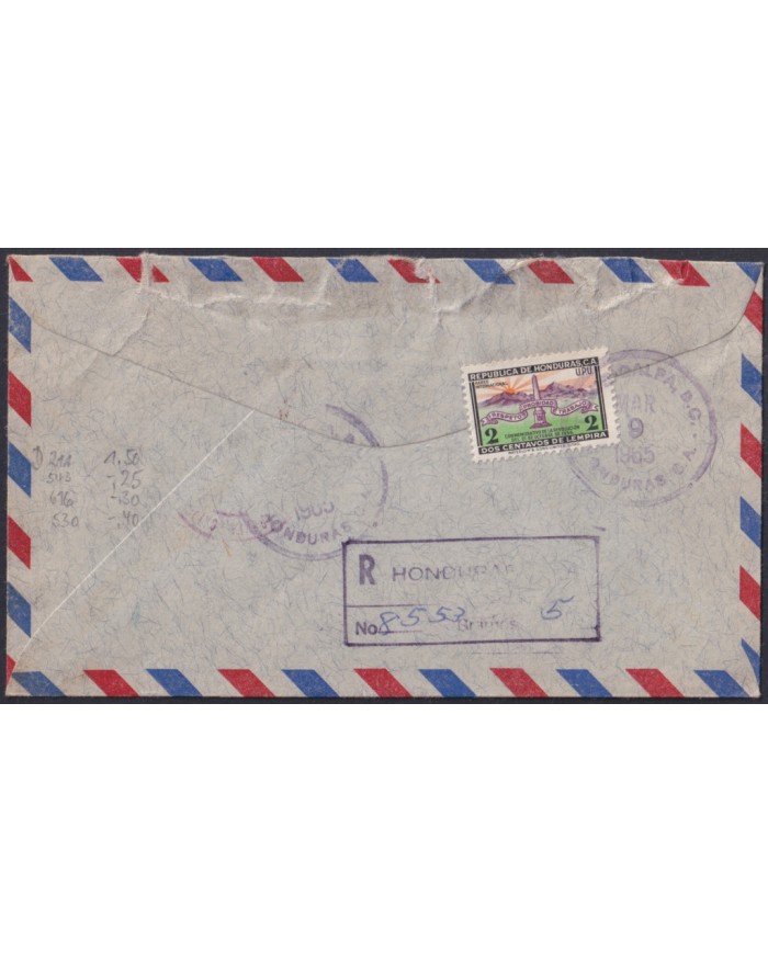 F-EX48628 HONDURAS 1965 EXPRESS OFFICIAL REGISTERED AIR MAIL COVER TO USA.