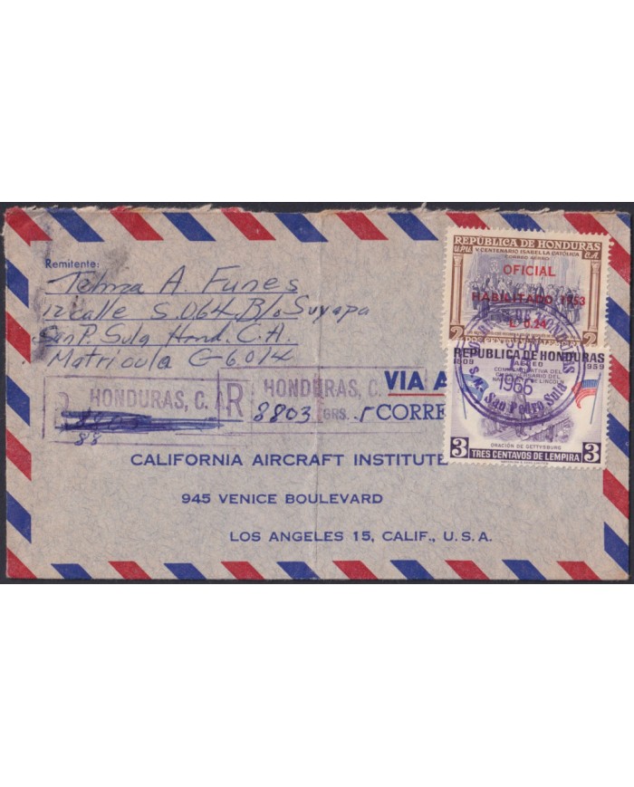 F-EX48629 HONDURAS 1966 EXPRESS OFFICIAL REGISTERED AIR MAIL COVER TO USA.