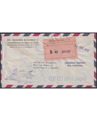 F-EX48632 NICARAGUA 1970 REGISTERED AIR MAIL COVER TO SPAIN.