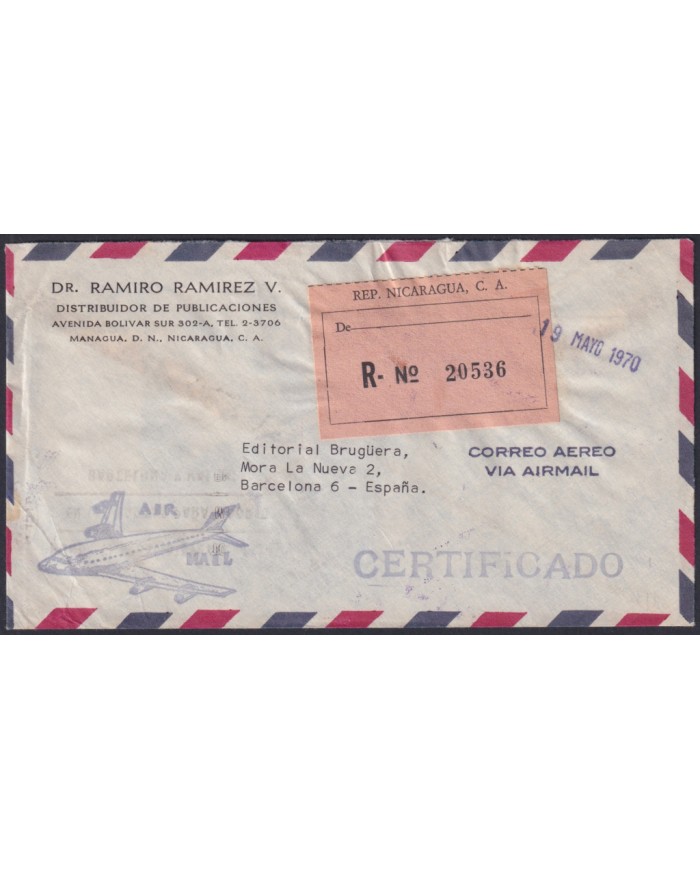 F-EX48632 NICARAGUA 1970 REGISTERED AIR MAIL COVER TO SPAIN.