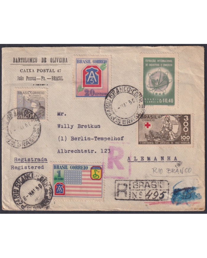 F-EX48639 BRAZIL BRASIL 1956 REGISTERED AIR MAIL RIO BLANCO COVER TO GERMANY.