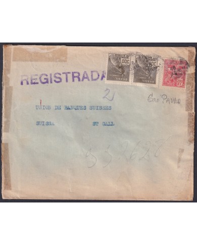 F-EX48640 BRAZIL BRASIL 1924 REG SAO PAULO COVER TO SWITZERLAND GREAT RED SEALLED.