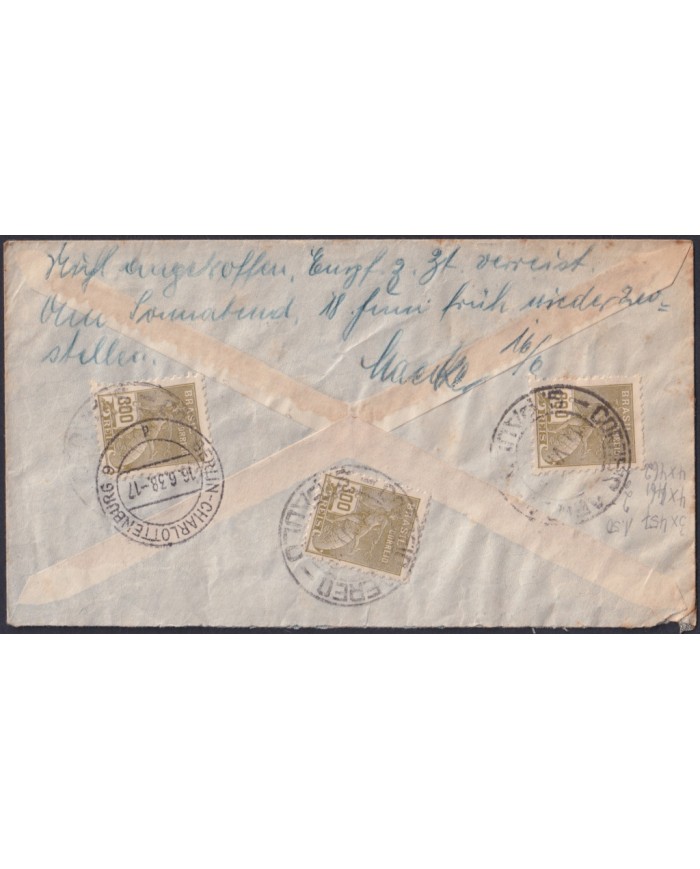 F-EX48642 BRAZIL BRASIL 1939 REGISTERED CONDOR AIR MAIL COVER TO GERMANY.