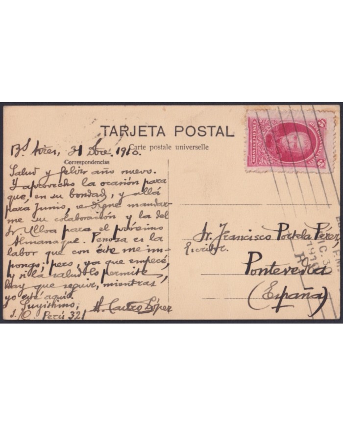 F-EX48663 ARGENTINA 1910 POSTCARD MAY AVENUE TO PONTEVEDRA SPAIN.