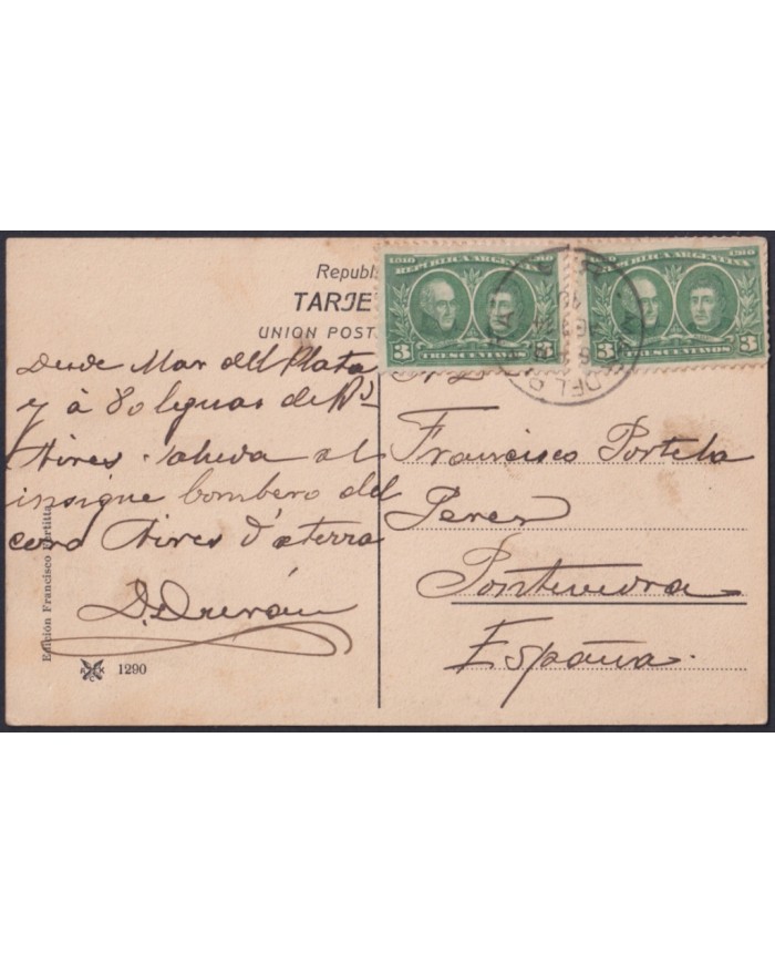 F-EX48664 ARGENTINA 1910 POSTCARD GRI LAKE & BRISTOL CASINO MAR DEL PLATA TO SPAIN.