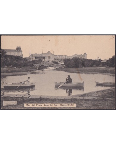 F-EX48664 ARGENTINA 1910 POSTCARD GRI LAKE & BRISTOL CASINO MAR DEL PLATA TO SPAIN.