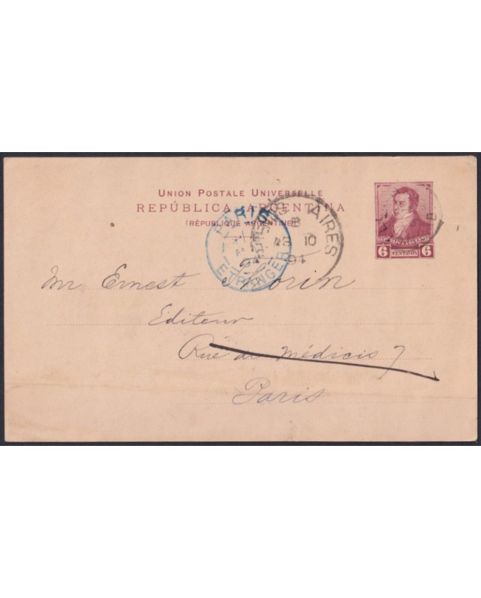 F-EX48665 ARGENTINA 1894 6c POSTAL STATIONERY TO FRANCE.