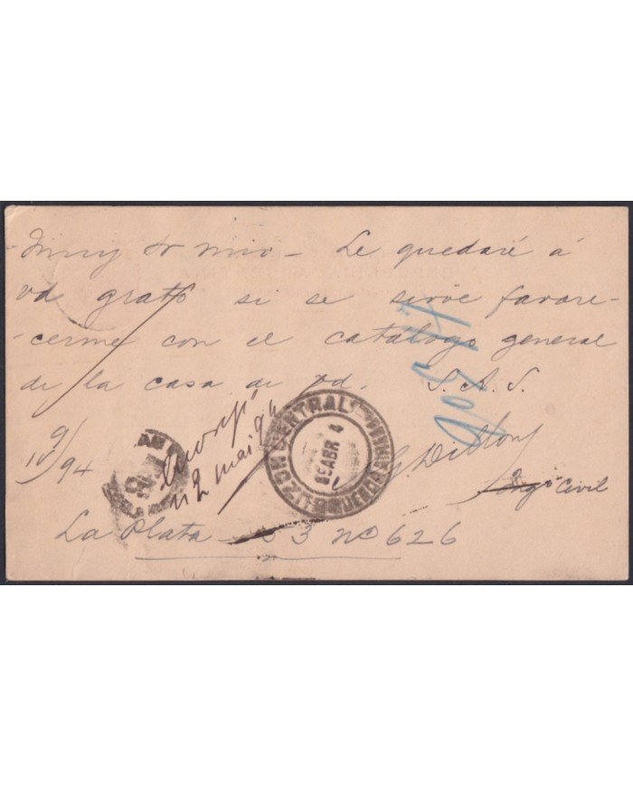 F-EX48665 ARGENTINA 1894 6c POSTAL STATIONERY TO FRANCE.