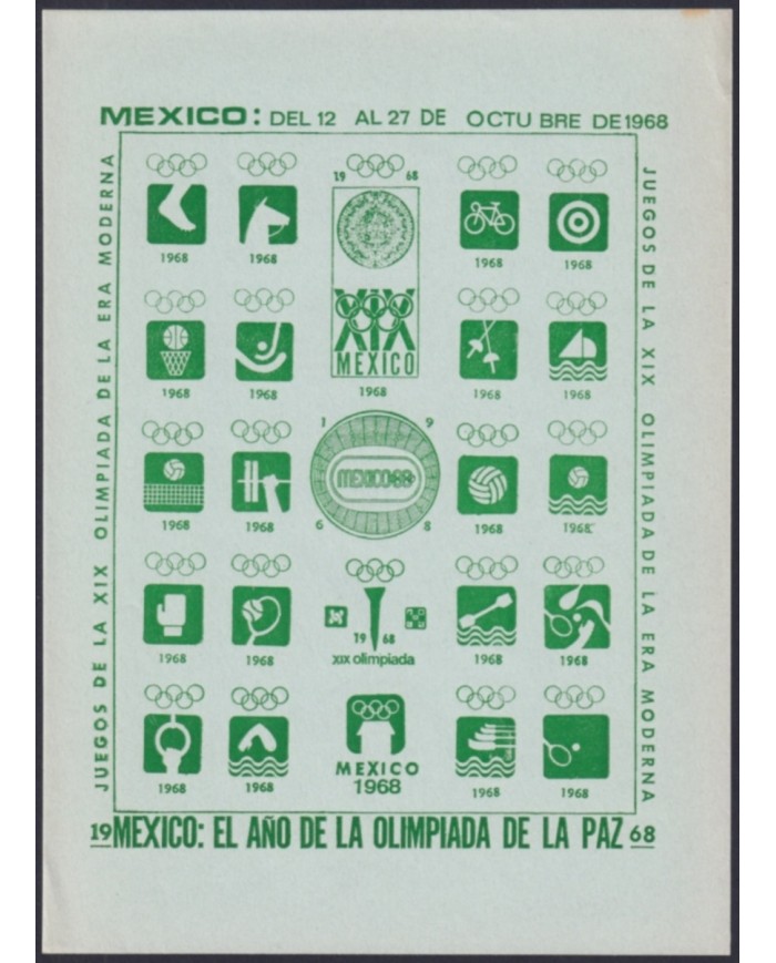 F-EX47279 OLYMPIC GAMES MEXICO 1968 GREEN CINDERELLA SHEET GREEN PAPER NO GUM. F-EX47279 OLYMPIC GAMES MEXICO 1968 GREEN CINDERELLA SHEET GREEN PAPER NO GUM.