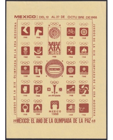 F-EX47280 OLYMPIC GAMES MEXICO 1968 BROWN CINDERELLA SHEET YELLOW PAPER NO GUM.