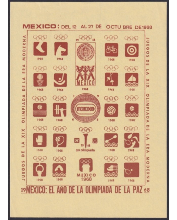F-EX47280 OLYMPIC GAMES MEXICO 1968 BROWN CINDERELLA SHEET YELLOW PAPER NO GUM.