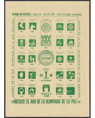 F-EX48121 OLYMPIC GAMES MEXICO 1968 GREEN CINDERELLA SHEET YELLOW PAPER NO GUM.