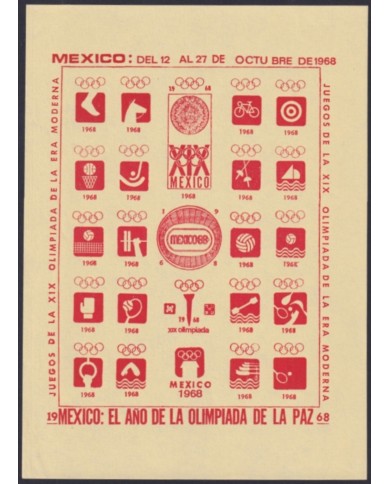 F-EX48122 OLYMPIC GAMES MEXICO 1968 RED CINDERELLA SHEET YELLOW PAPER NO GUM.