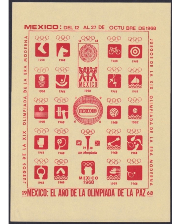F-EX48122 OLYMPIC GAMES MEXICO 1968 RED CINDERELLA SHEET YELLOW PAPER NO GUM.