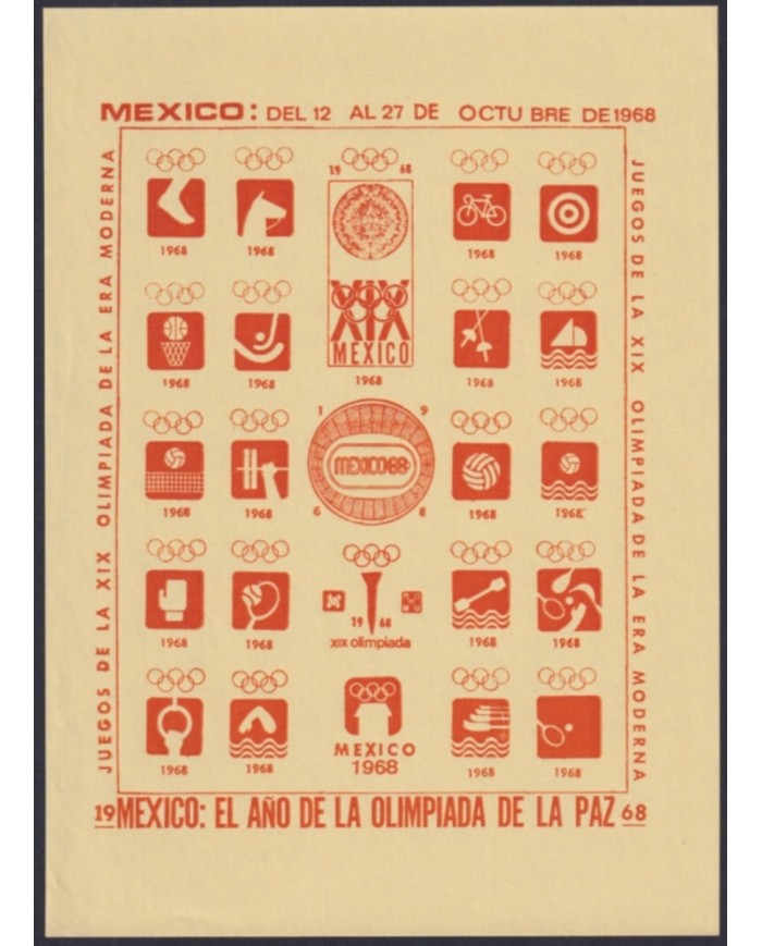 F-EX47281 OLYMPIC GAMES MEXICO 1968 ORANGE CINDERELLA SHEET YELLOW PAPER NO GUM.