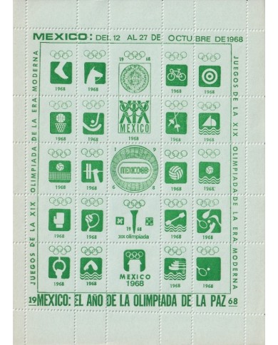 F-EX15635 OLYMPIC GAMES MEXICO 1968 GREEN CINDERELLA SHEET GREEN PAPER NO GUM.