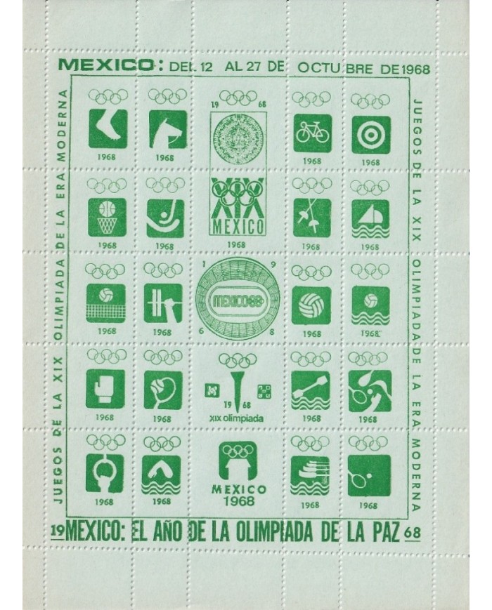 F-EX15635 OLYMPIC GAMES MEXICO 1968 GREEN CINDERELLA SHEET GREEN PAPER NO GUM.
