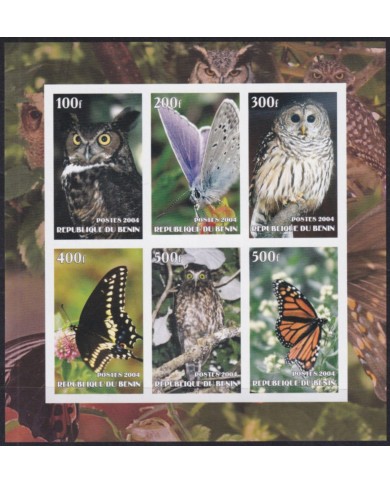F-EX48023 BENIN MNH 2004 BUTTERFLIES INSECTS’ ENTOMOLOGY OWL BIRD