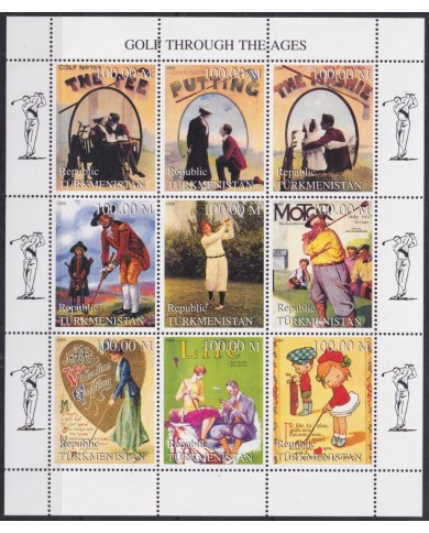 F-EX48045 TURKMENISTAN MNH 1999 GOLF THROUGH THE AGES CARTOON CARTELES.