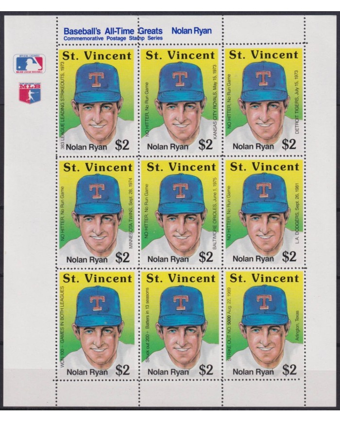 F-EX49023 ST VINCENT MNH 1989 FAMOUS BASEBALL GAMES NOLAN RYAN. F-EX49023 ST VINCENT MNH 1989 FAMOUS BASEBALL GAMES NOLAN RYAN.
