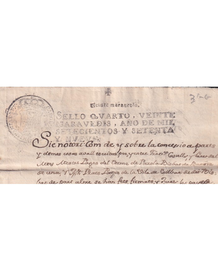 1779-PS-3 SPAIN ESPAÑA 1779 SELLO 4º SEALLED PAPER REVENUE.