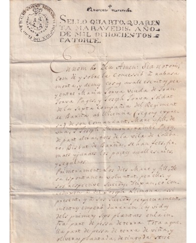1814-PS-4 SPAIN ESPAÑA 1814 SELLO 4º SEALLED PAPER REVENUE.