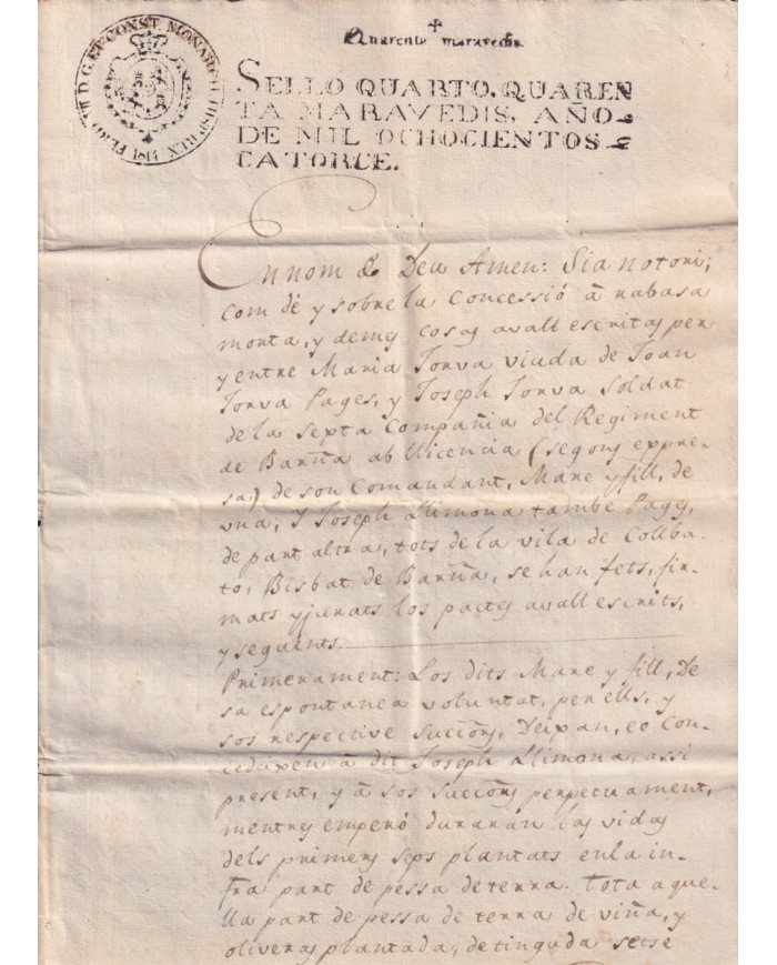 1814-PS-4 SPAIN ESPAÑA 1814 SELLO 4º SEALLED PAPER REVENUE.