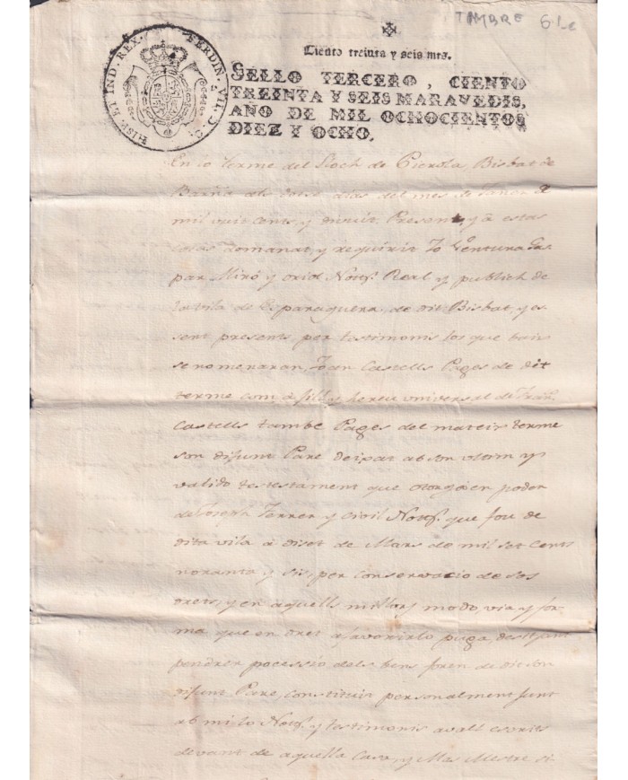 1818-PS-2 SPAIN ESPAÑA 1818 SELLO 3º SEALLED PAPER REVENUE.