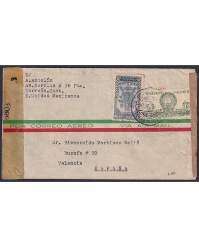 F-EX32659 MEXICO TO SPAIN 1945 WWII DOUBLE CENSORSHIP VALENCIA DEL CID.