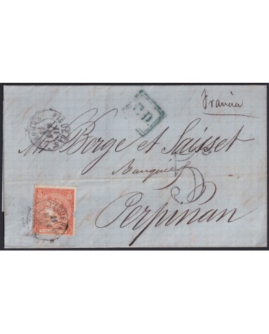 Z305 ESPAÑA SPAIN 1866 12cu FIGUERAS - PERPIGNAN, FRANCE. 5c DUE.