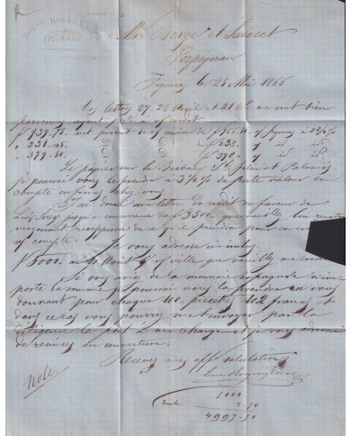 Z305 ESPAÑA SPAIN 1866 12cu FIGUERAS - PERPIGNAN, FRANCE. 5c DUE.