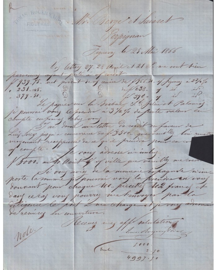 Z305 ESPAÑA SPAIN 1866 12cu FIGUERAS - PERPIGNAN, FRANCE. 5c DUE.