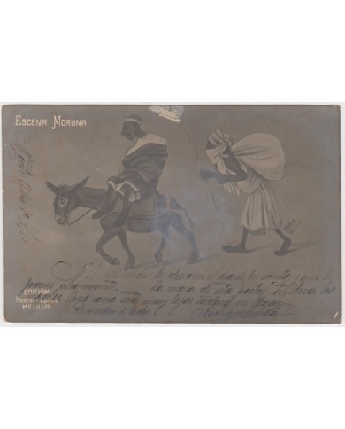 F-EX8571 SPAIN MOROCCO MAROC MELILLA 1915 SATIRIC MUSLIN POSTCARD.