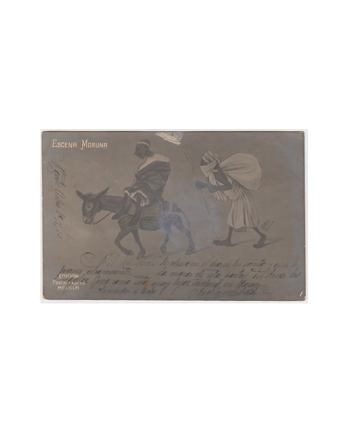 F-EX8571 SPAIN MOROCCO MAROC MELILLA 1915 SATIRIC MUSLIN POSTCARD.