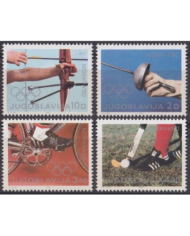 F-EX47618 YUGOSLAVIA MNH 1980 MOSCOW OLYMPIC GAMES ARCHERY FENCING CYCLE BICYCLE HOCKEY.