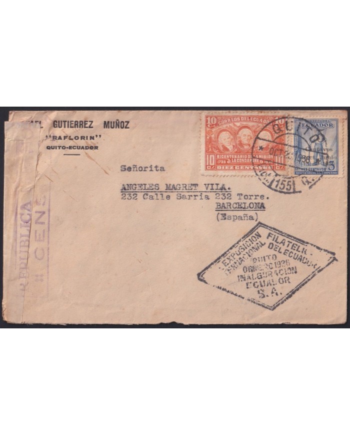 F-EX41264 ECUADOR 1936 PHILATELIC EXPO COVER QUITO TO SPAIN CENSORSHIP.
