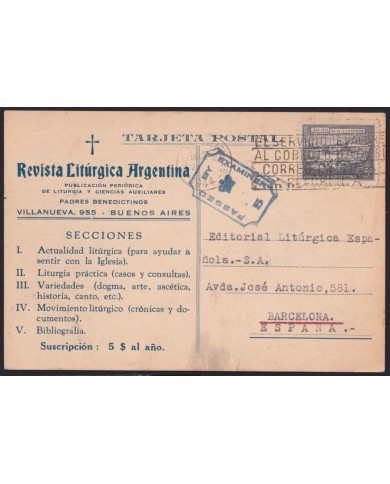 F-EX41276 ARGENTINA 1944 BRITISH CENSORSHIP RELIGION CARD TO – SPAIN.