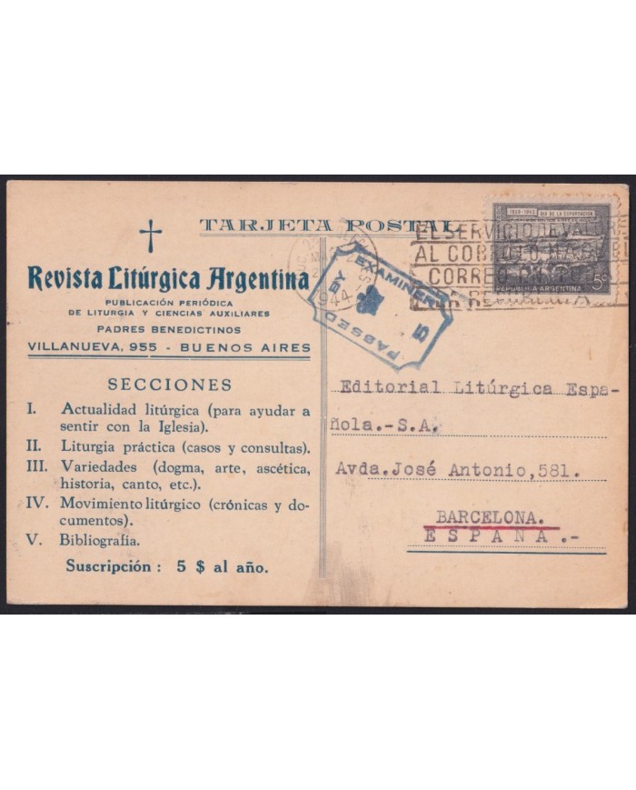 F-EX41276 ARGENTINA 1944 BRITISH CENSORSHIP RELIGION CARD TO – SPAIN.