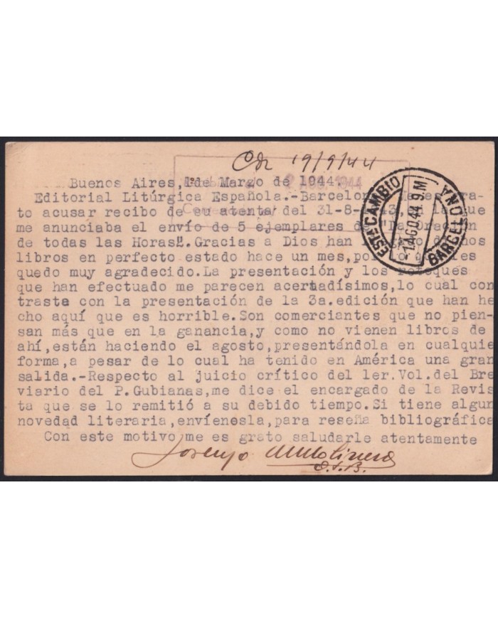 F-EX41276 ARGENTINA 1944 BRITISH CENSORSHIP RELIGION CARD TO – SPAIN.