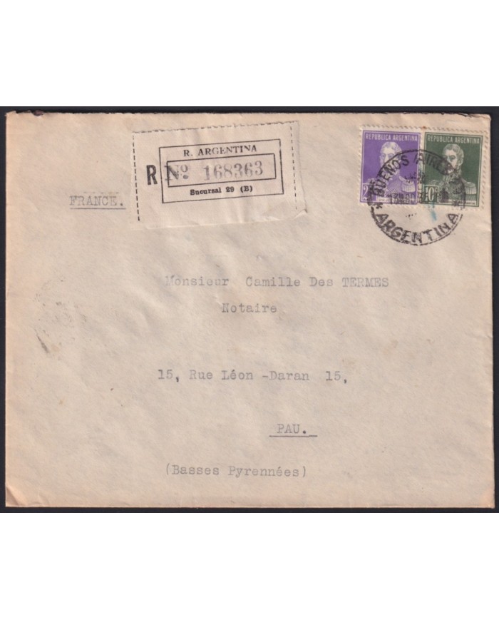 F-EX41405 ARGENTINA 1935 REGISTERED COVER TO FRANCE.