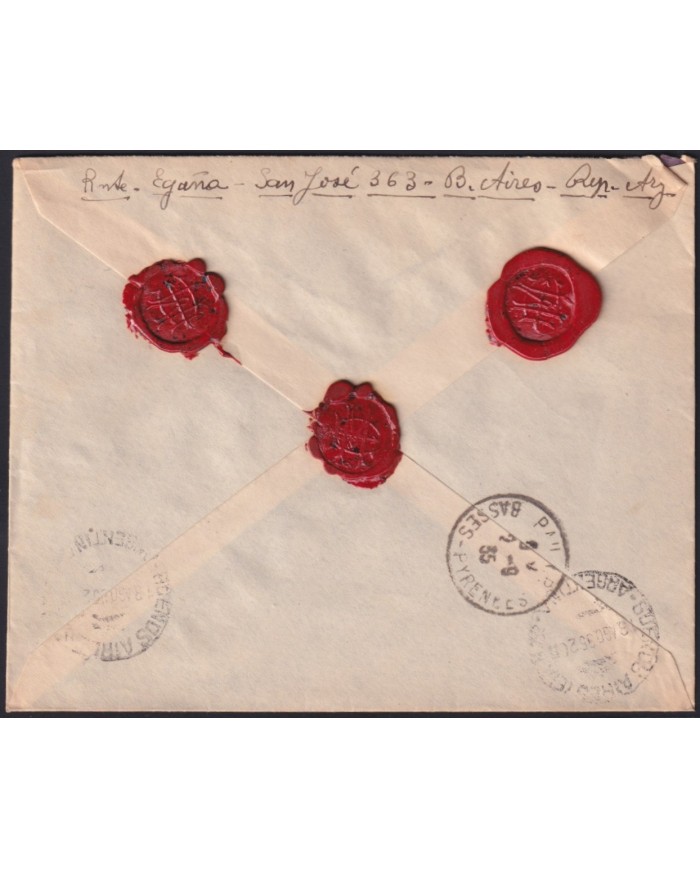 F-EX41405 ARGENTINA 1935 REGISTERED COVER TO FRANCE.