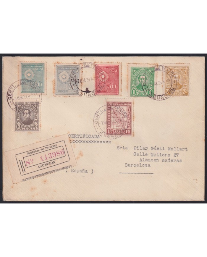 F-EX42468 PARAGUAY 1929 REGISTERED COVER TO SPAIN.