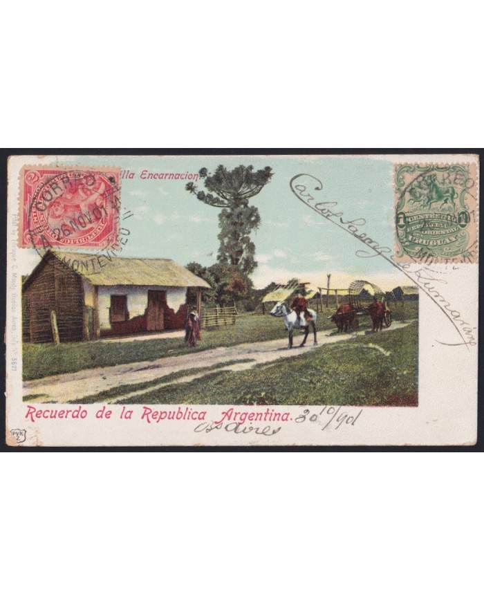 F-EX43099 URUGUAY 1901 POSTCARD TO SPAIN VILLA ENCARNACION ARGENTINA.