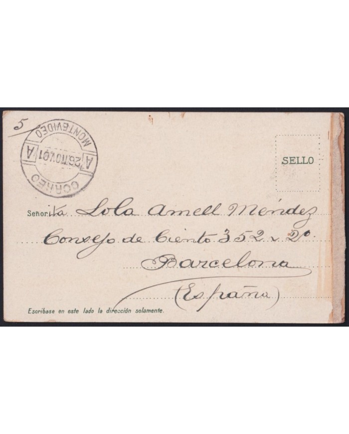 F-EX43099 URUGUAY 1901 POSTCARD TO SPAIN VILLA ENCARNACION ARGENTINA.