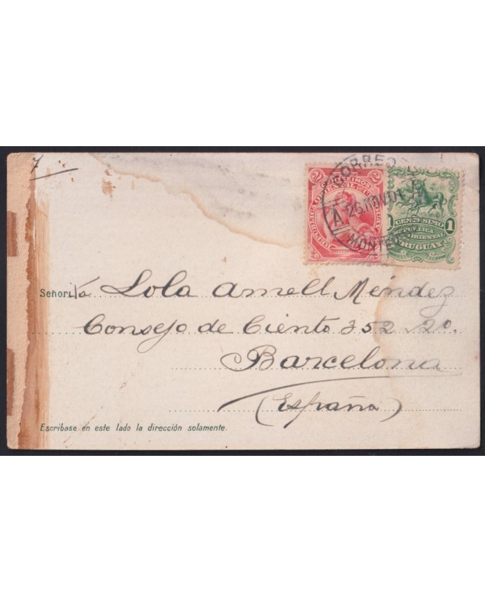 F-EX43100 URUGUAY 1901 POSTCARD TO SPAIN RAILROAD COSQUIN ARGENTINA CORDOBA.