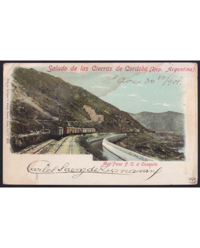 F-EX43100 URUGUAY 1901 POSTCARD TO SPAIN RAILROAD COSQUIN ARGENTINA CORDOBA.