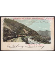 F-EX43100 URUGUAY 1901 POSTCARD TO SPAIN RAILROAD COSQUIN ARGENTINA CORDOBA.