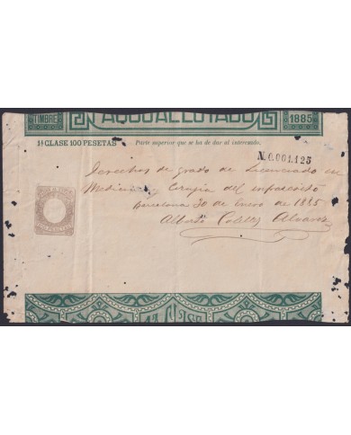 E6533 ESPAÑA SPAIN 1885 INGRESOS PAGOS AL ESTADO 100 ptas BARCELONA.
