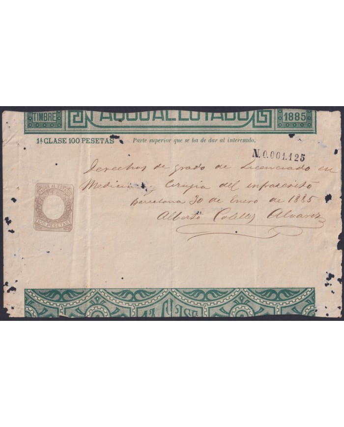 E6533 ESPAÑA SPAIN 1885 INGRESOS PAGOS AL ESTADO 100 ptas BARCELONA.